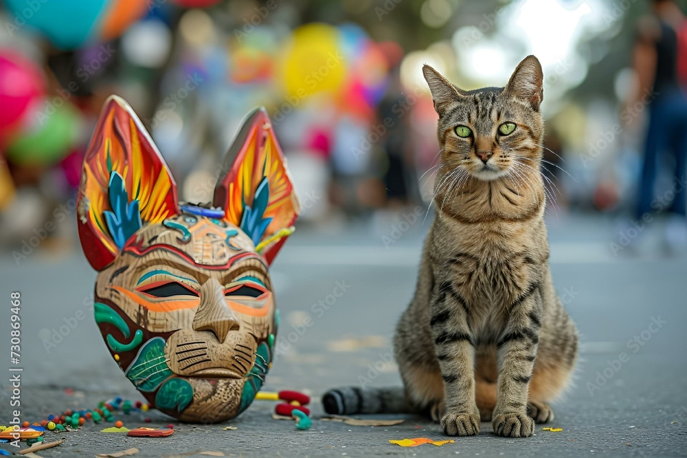 Poster AI generated illustration of a cat sitting near a mask on a city street corner