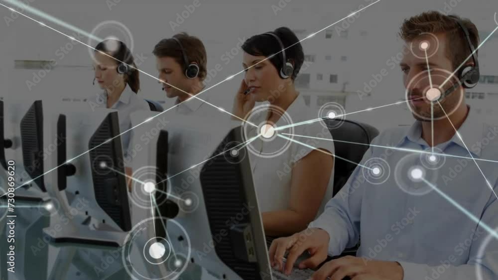 Poster animation of network of people icons over diverse colleagues working with computers and headsets