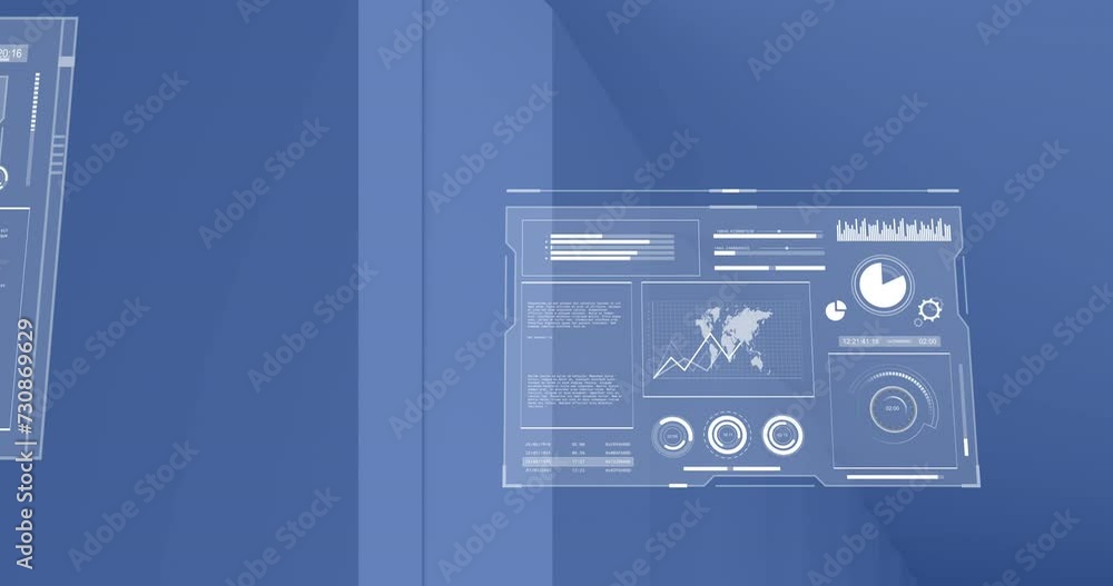 Aufkleber animation of interface screens with charts processing data moving on blue background