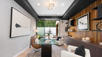 Modern home office with stylish wood accents