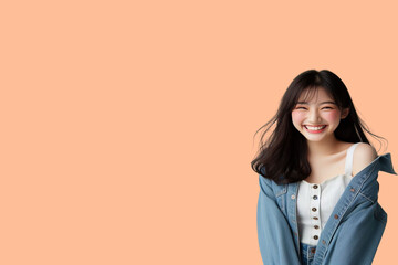 Obraz premium Asian girl standing and laughing happily background
