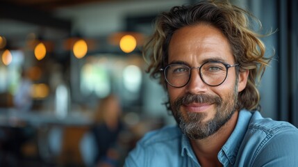 Stylish man with long hair and glasses in a cafe. - obrazy, fototapety, plakaty