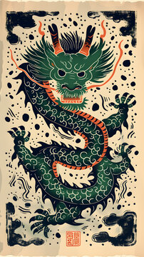 a traditional chinese dragon in emerald color and thick line draft