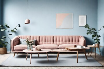 Tranquil Scandinavian interior featuring a blush pink sofa and a wooden coffee table against an empty powder blue wall.
