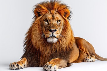 Lion King - A majestic lion with a mane of orange and brown, sitting on a white background, ready to rule the jungle. Generative AI