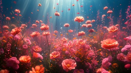 Fototapeta na wymiar AI generated illustration of the ocean with flowers and sunbeams reflecting on the water surface