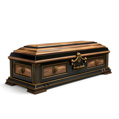 a wooden and black casket on a white background 