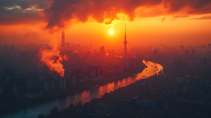 smoke from the chimney, factory. Air and environmental pollution, carbon credit, sky tone, city background