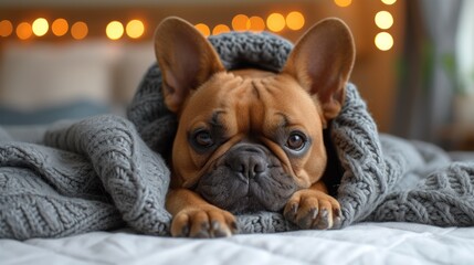 French Bulldog snug in a chunky grey knit blanket.