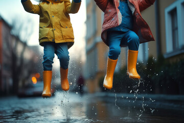 Little boys jumping in puddle - obrazy, fototapety, plakaty