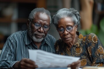Senior African American couple looking at papers.