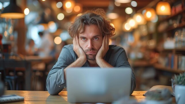 Frustrated man with hands on cheeks sitting at laptop in cafe