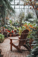 Fototapeta na wymiar Wooden chair among potted plants in a greenhouse. Botanical garden interior design.