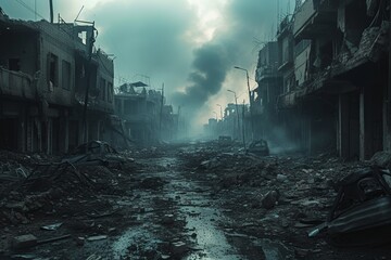 A stark representation of modern warfare's destruction, with urban areas engulfed in flames and reduced to rubble after relentless bomb and missile assaults