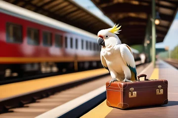 Papier Peint photo les îles Canaries White parrot with a hat and a suitcase on the platform of a railway station. vacation concept