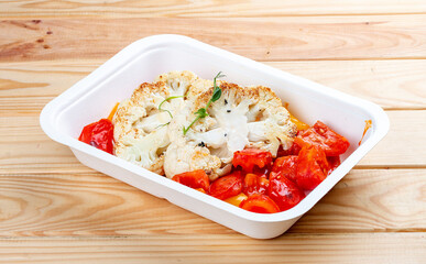 Cauliflower steak. Vegetarian food. Takeaway food. On a wooden background.