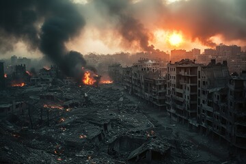 A stark representation of modern warfare's destruction, with urban areas engulfed in flames and reduced to rubble after relentless bomb and missile assaults
