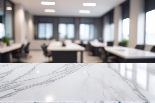 Marble stone tabletop and blurred bokeh office interior space background can used for display or montage your products
