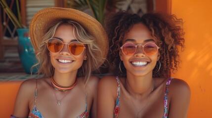 Two smiling young women with stylish sunglasses. Warm-toned outdoor leisure portrait