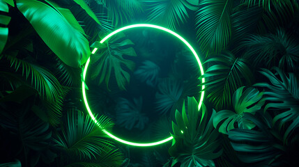 Modern trendy neon glowing light with neon green palm tropical leaves on a blue background. Design template. Frame with copy space for text. Top view, flat lay.Generative AI