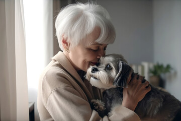 Happy elderly woman hugging dog