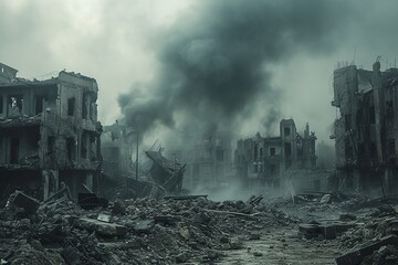 Fototapeta premium A stark representation of modern warfare's destruction, with urban areas engulfed in flames and reduced to rubble after relentless bomb and missile assaults