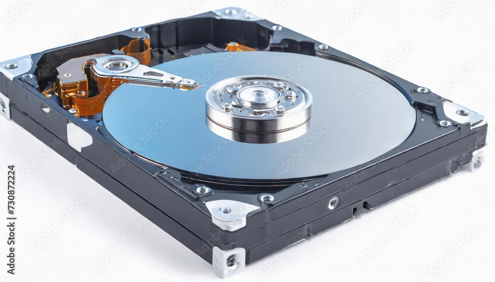 Poster disassembled hard drive from the computer, hdd with mirror effect. opened hard drive from the comput