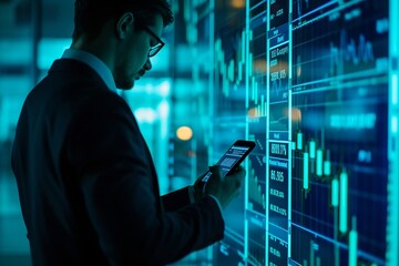 Zukunft der Analyse: Mann mit Smartphone und digitalen Diagrammen