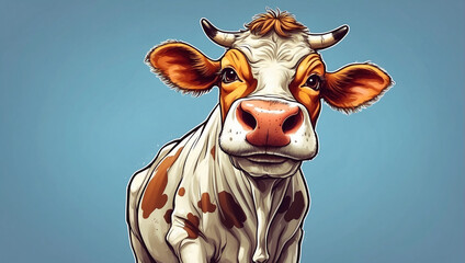 Funny cow on blue background. Space for text. Cartoon style