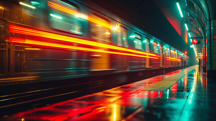 Fototapeta na wymiar Underground metro, the train is moving quickly
