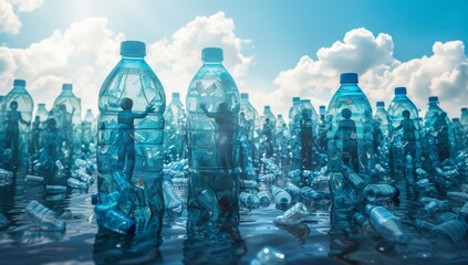 Plastic bottles form a floating cloud in the clear blue sky, reminding us of our consumption of beverages and the importance of drinking clean water in the great outdoors - obrazy, fototapety, plakaty