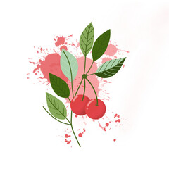 cherry illustration on transparent background. Splashes of watercolor paint abstraction.