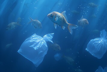 A vibrant school of marine organisms gracefully navigates through the ocean, their colorful fins contrasting against the polluted plastic bag drifting in the water
