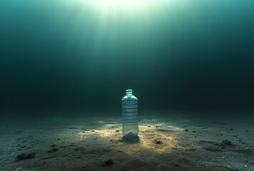 A lone water bottle bobs in the endless ocean, a beacon of fluid light amidst the vast expanse of nature's liquid embrace - obrazy, fototapety, plakaty
