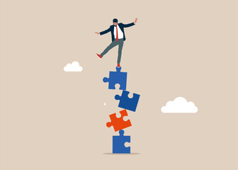 Businessman falling from stack of unstable puzzle. Modern vector illustration in flat style