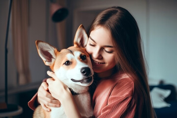 Smiling woman hugging cute dog