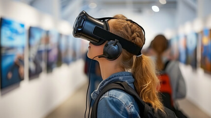 Art enthusiast exploring a virtual museum with VR headset, admiring digital reproductions of famous artworks