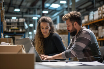 man and woman working in logitics center