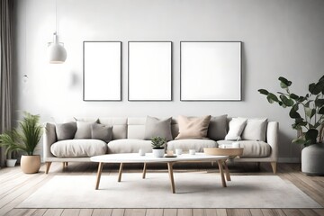 Immerse yourself in the simplicity of a modern living room, adorned with a Scandinavian touch and an empty wall mockup, inviting creativity with a white blank frame.
