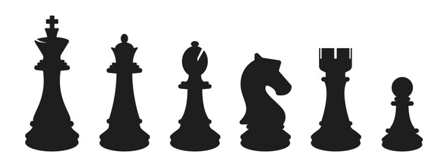 Chess piece icon collection. Figure for chess game. Black shiluette king, rook, queen, horse, pawn and bishop. Vector illustration.
