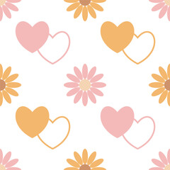 Pink and yellow flowers and hearts on a white background. Flat style, isolated. Seamless pattern. Background for cover, fabric, decor.