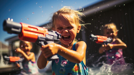 Fototapeta premium Children playing outdoors with water guns on a beautiful sunny day