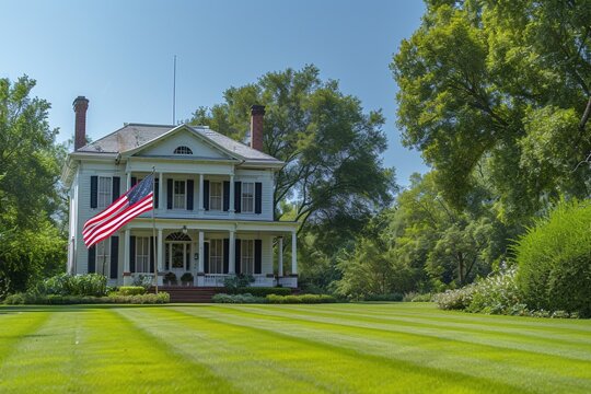 A patriotic American home with a red brick chimney and a flag on the lawn, celebrating the 4th of July Generative AI