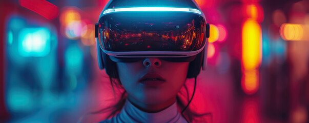 A child in a VR headset reaches out to touch the stars, immersed in a virtual cosmos adventure, with vibrant bokeh lights in the background. Child Experiencing Virtual Reality Cosmos Exploration