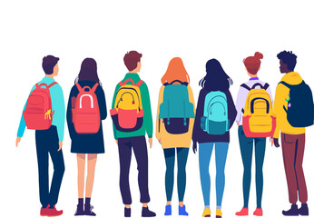 People with backpacks, tote bags, rucksacks from behind, back view. Men, women with knapsacks, purses set. Tourists and citizens backside. Flat graphic vector illustration isolated on white background