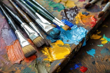 Fototapeta premium Artist's paints and oil paints on wooden background. Generative AI