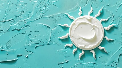 Sun made of sunscreen on blue background. Generative AI - obrazy, fototapety, plakaty