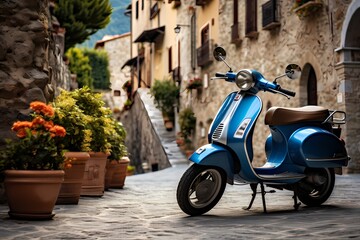 Charming blue scooter stationed on a cobblestone street in a small Italian town, surrounded by...