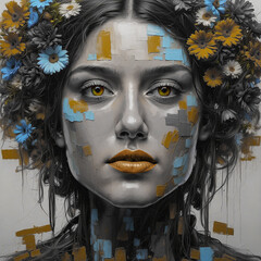 oil painting. Conceptual abstract painting of abstract robot face girl figure with gold flower on head . palette knife on canvas. decoration and interior, canvas art, home decor. wall art.