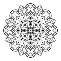 Circular pattern in form of mandala with flower for Henna, Mehndi, tattoo, decoration. Decorative ornament in ethnic oriental style. Outline doodle hand draw vector illustration.